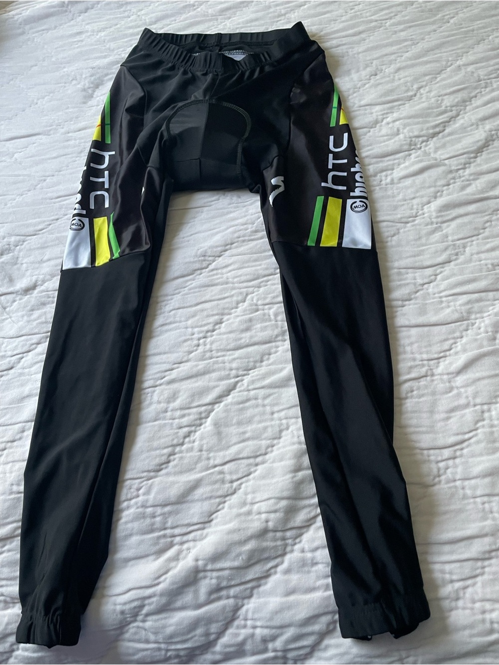 HTC Black Padded Cycling Leggings with Neon Green and Yellow Stripes